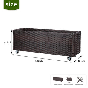 Raised Garden Bed with Wheels — 38" Rattan Wicker, Steel Frame, Drainage Hole