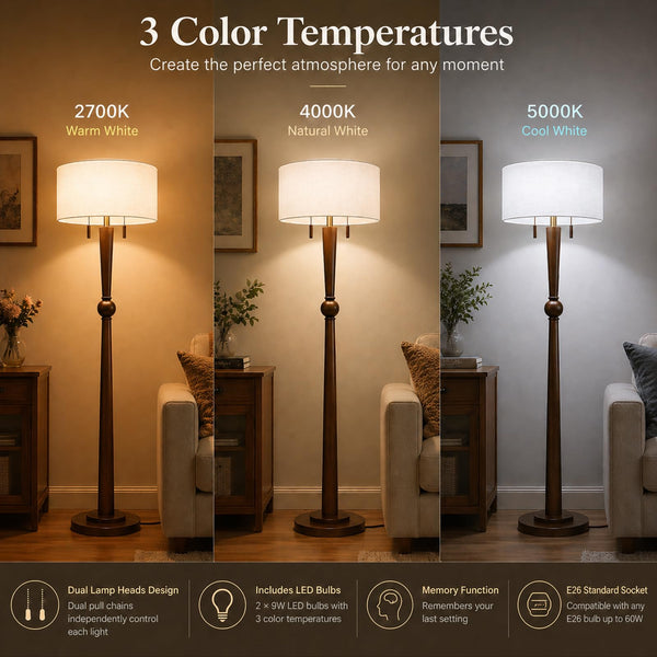 Solid Oak Wood Floor Lamp — 62.8", 2-Light Pull Chain, 17" Drum Shade, 2 LED Bulbs