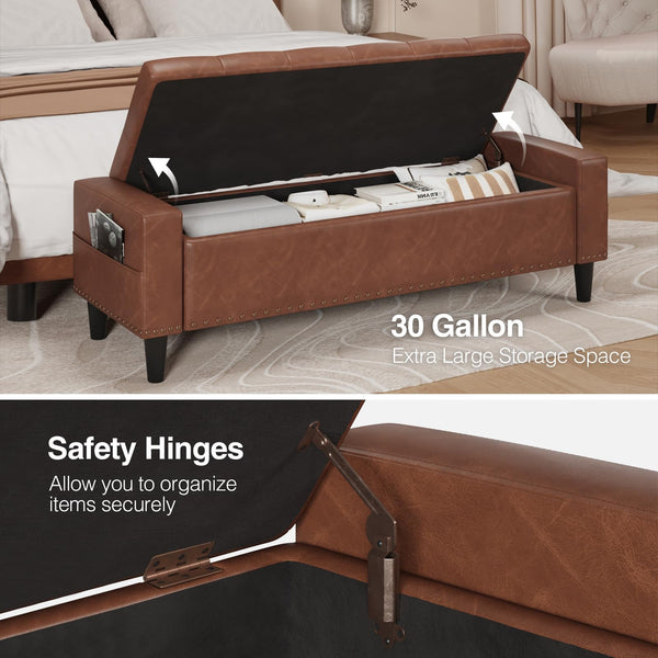 60" Upholstered Storage Ottoman Bench with Tufted Faux Leather & Nailhead Trim