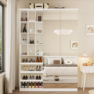 Mirrored Wardrobe Closet with Shoe Cabinet & 3 Drawers