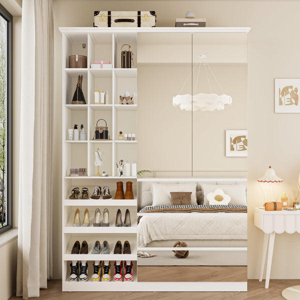 Mirrored Wardrobe Closet with Shoe Cabinet & 3 Drawers