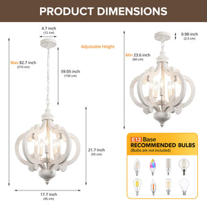5-Light Farmhouse Chandelier – Distressed White, Rustic Wood, Adjustable Height