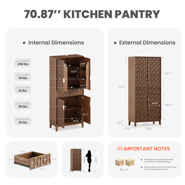 71" Tall Pantry Cabinet with Doors, Drawers & Adjustable Shelves