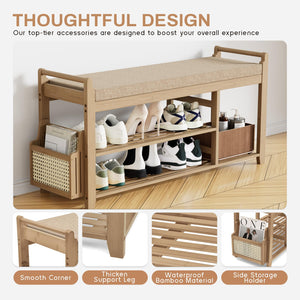 Bamboo Entryway Shoe Bench with Cushion and Side Holder