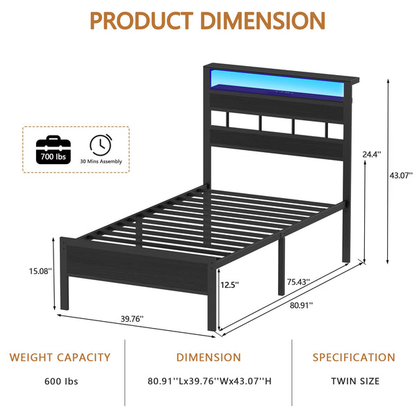 Platform Bed Frame with LED Lights & Charging Station