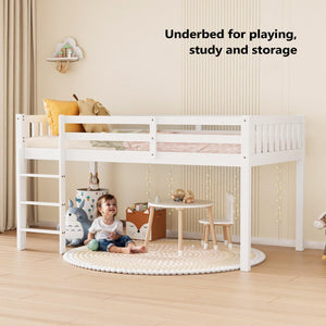 Twin Low Loft Bed Frame with Guardrail and Ladder