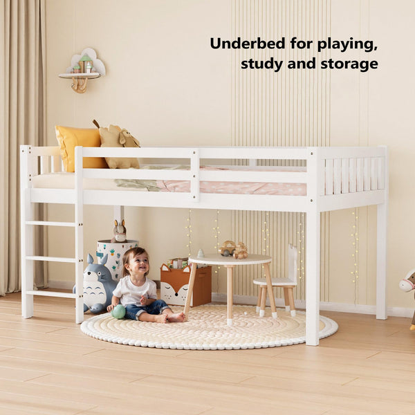 Twin Low Loft Bed Frame with Guardrail and Ladder