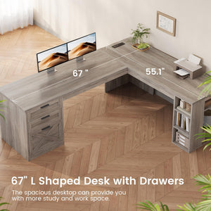 L-Shaped Desk with Drawers, Storage Shelves & Power Outlets