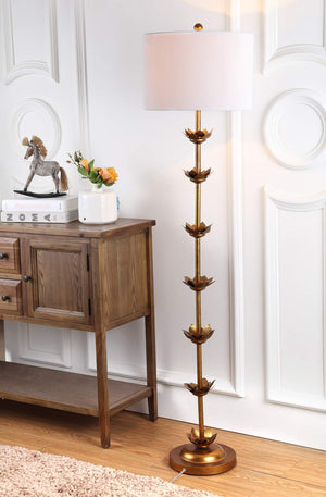 Antique Gold Iron Floor Lamp with Fabric Drum Shade