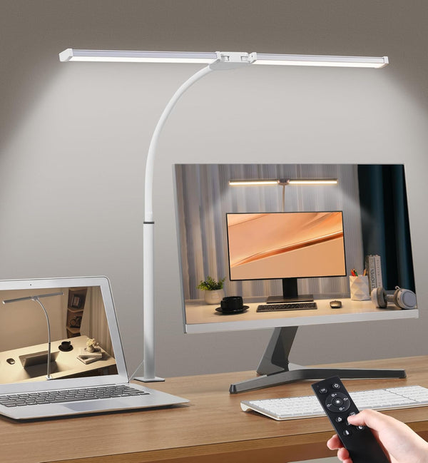 Dual-Head LED Desk Lamp with Clamp – Dimmable, 5 Color Temps, Remote