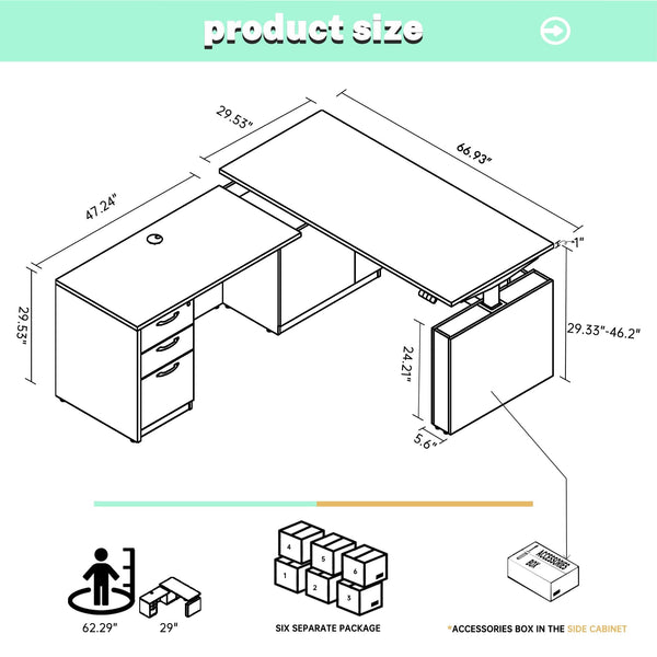 L-Shaped Height Adjustable Executive Standing Desk with Lockable Cabinets