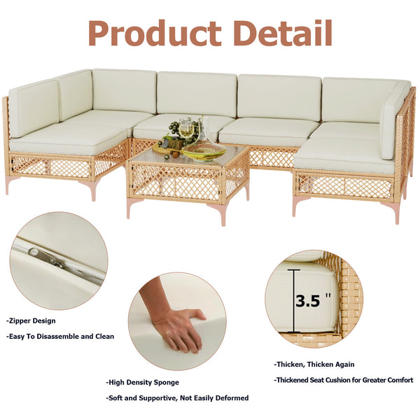 Outdoor Patio Sectional Sofa Set with Tempered Glass Coffee Table