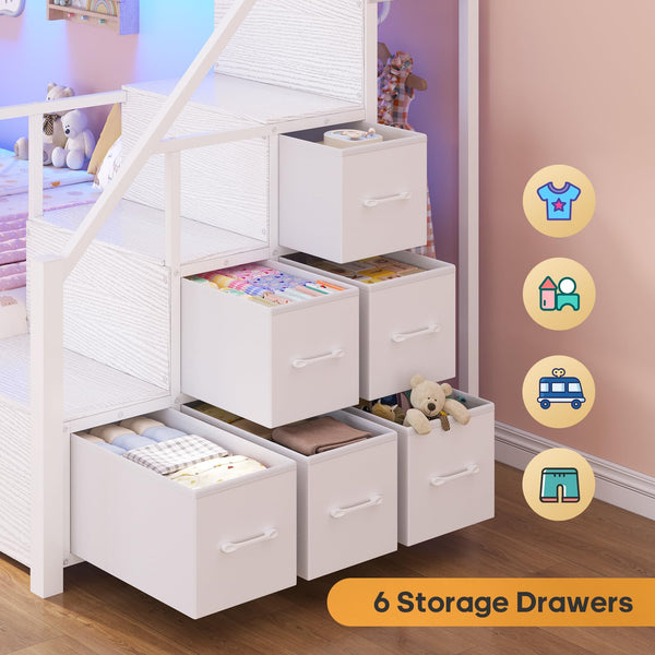 Twin Over Twin Bunk Bed with Stairs & LED Lights