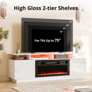 Electric Fireplace TV Stand with LED Backlight & Storage – 65" White