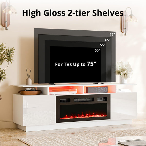 Electric Fireplace TV Stand with LED Backlight & Storage – 65" White