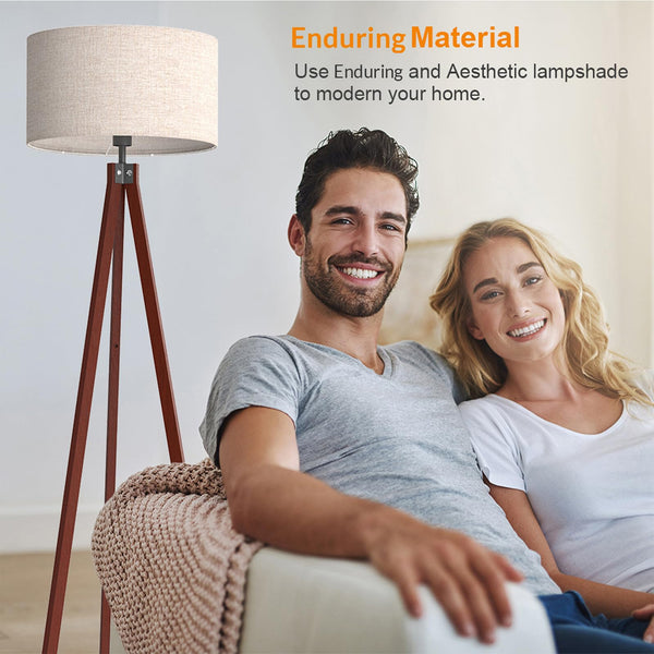 Wood Tripod Floor Lamp with Linen Shade