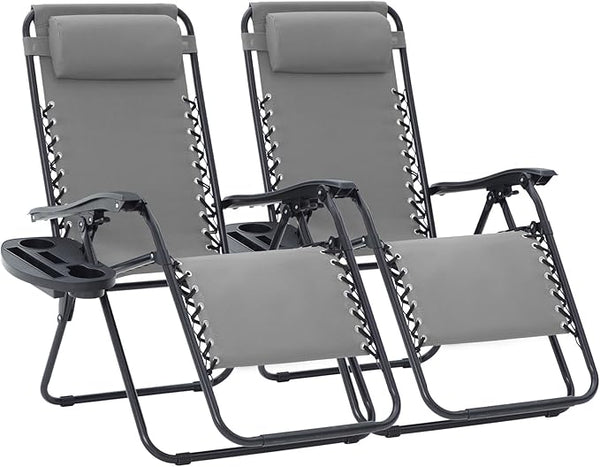 Oversized Zero Gravity Lounge Chairs Set of 2 with Pillows & Cup Holder Trays