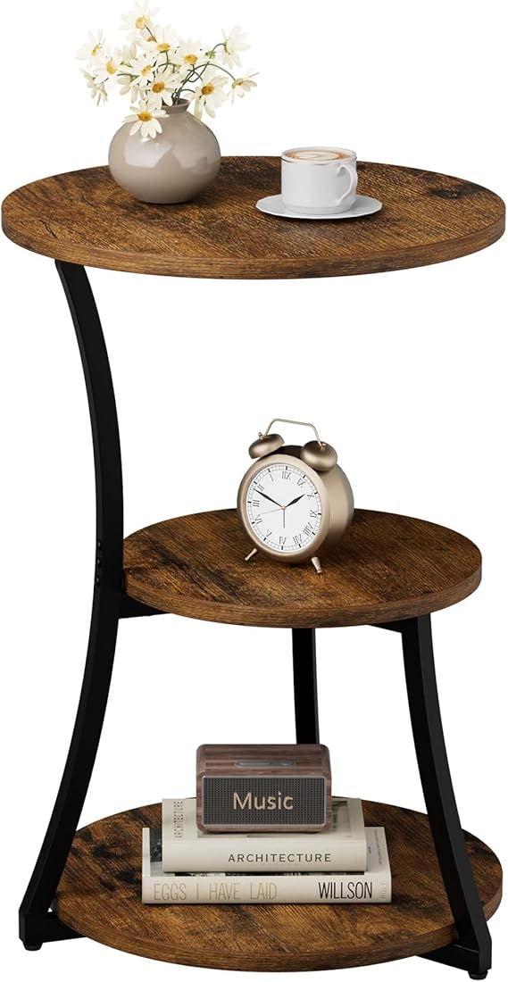 Round 3-Tier Industrial End Table with Metal Frame