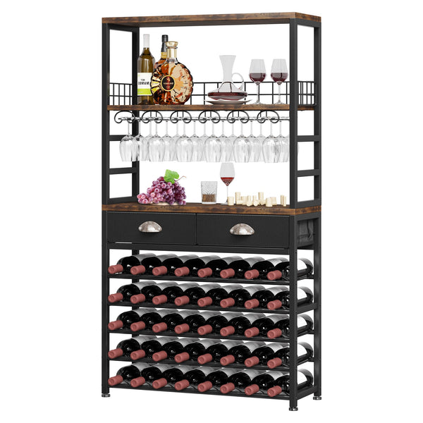 6-Tier Freestanding Wine Rack Cabinet with Drawer and Glass Holder