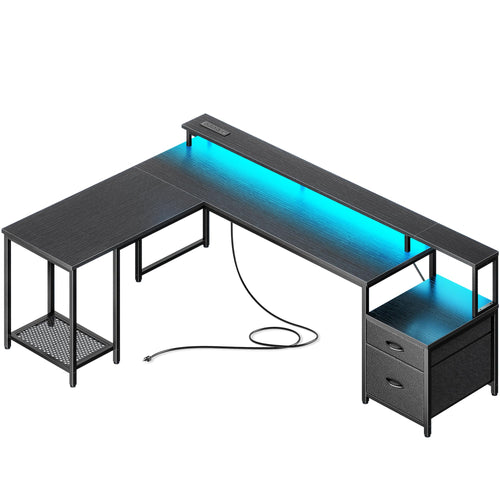 L-Shaped Gaming & Office Desk with LED Lights, Power Outlets, Drawers & Monitor Stand