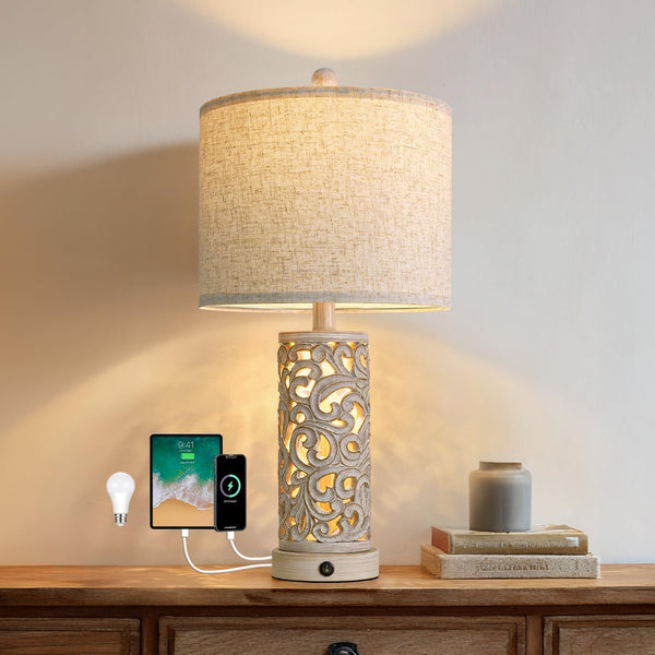 22" Dual Light Table Lamps Set of 2 with USB Charging & Touch Dimmer
