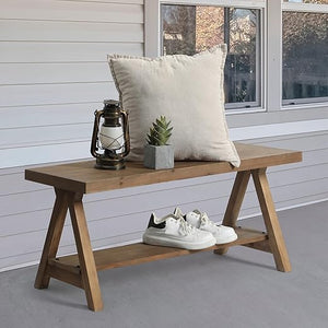 Solid Wood Farmhouse Entryway Bench with Storage Shelf