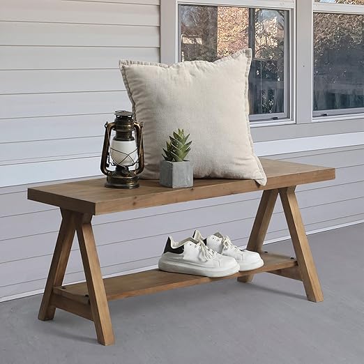Solid Wood Farmhouse Entryway Bench with Storage Shelf
