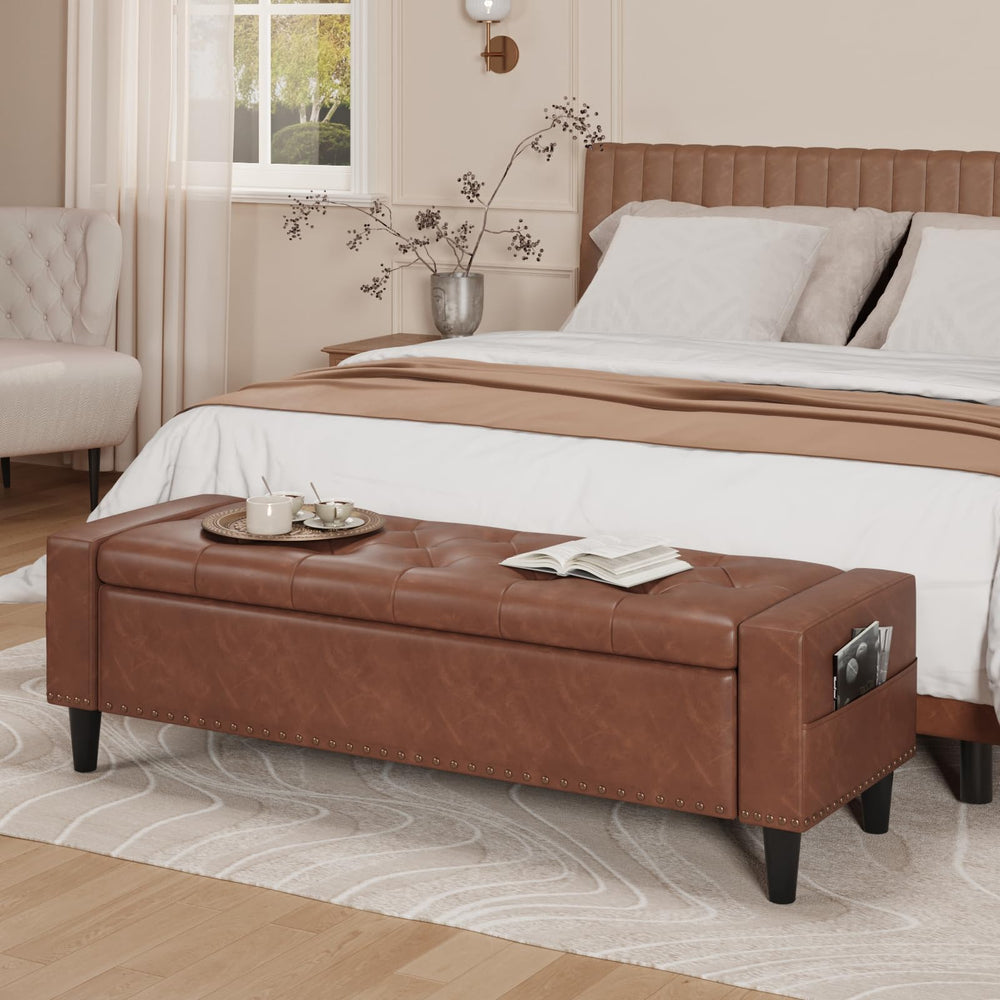 60" Upholstered Storage Ottoman Bench with Tufted Faux Leather & Nailhead Trim
