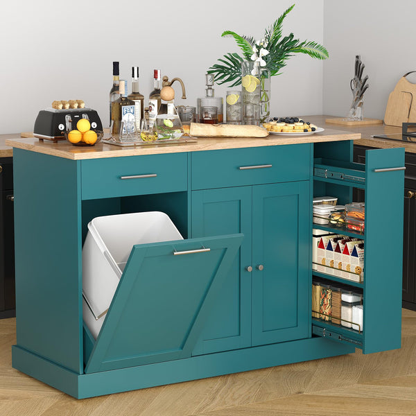 53" Rolling Kitchen Island with Trash Can Storage & Spice Rack