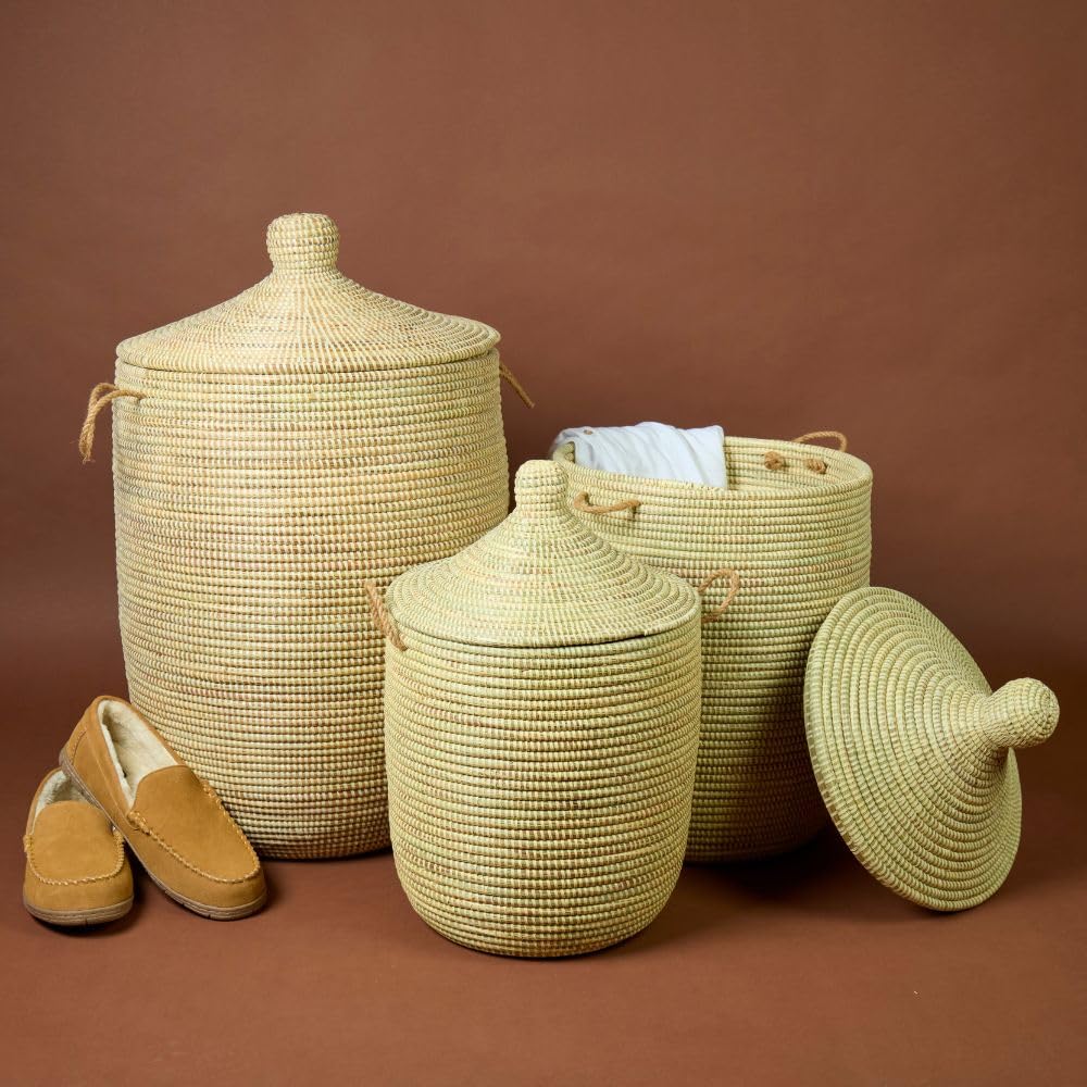 Handwoven Wicker Storage Basket with Removable Lid & Rope Handles