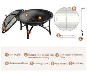 Round Wood Burning Fire Pit with Cooking Grate & Spark Screen