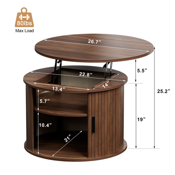 Round Lift Top Coffee Table with Hidden Storage & Fluted Sliding Door
