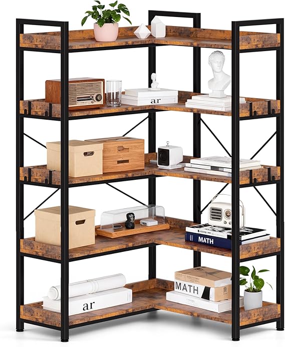 5-Tier L-Shaped Corner Bookshelf with Metal Frame