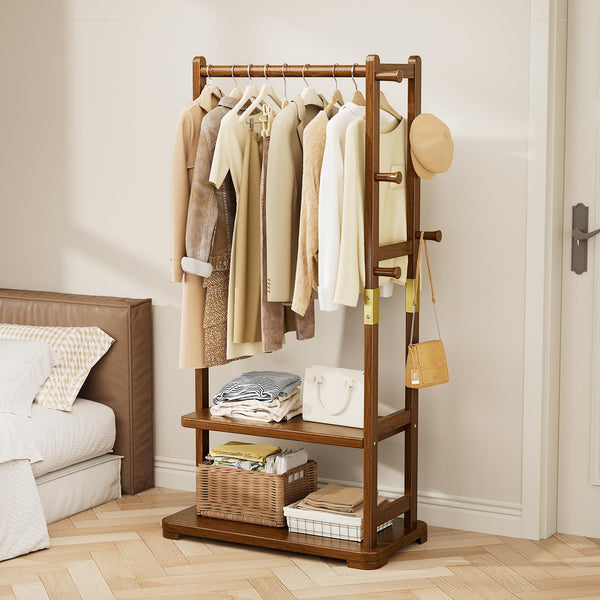 Solid Wood Coat Rack with 2 Shelves & 4 Hooks