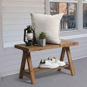 Solid Wood Farmhouse Entryway Bench with Storage Shelf