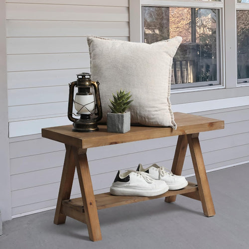 Solid Wood Farmhouse Entryway Bench with Storage Shelf
