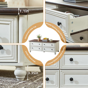 Farmhouse Coffee Table with 4 Drawers & Hidden Storage