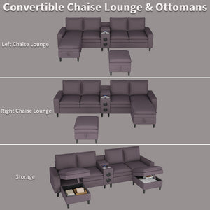 L-Shaped Sectional Sofa with Bluetooth Speaker, LED Lights & Charging Station