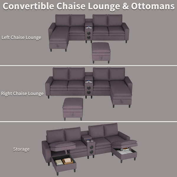 L-Shaped Sectional Sofa with Bluetooth Speaker, LED Lights & Charging Station