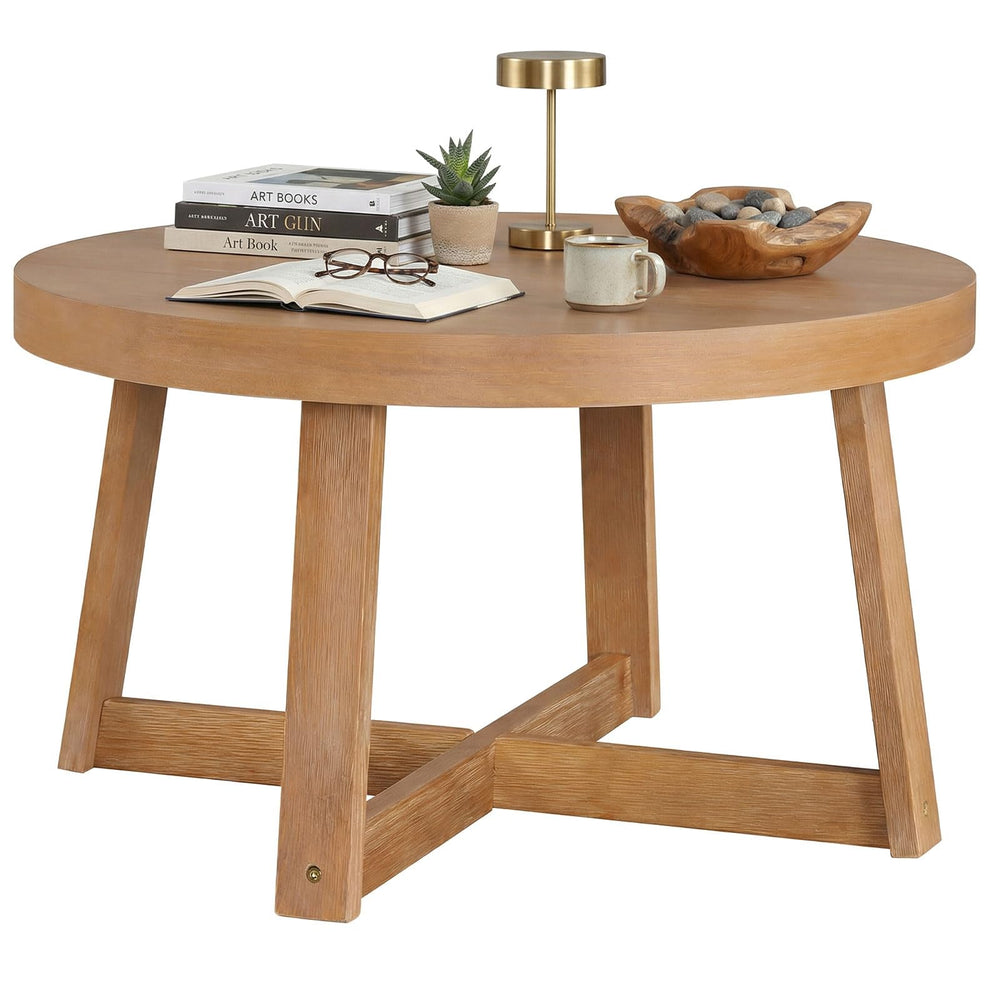 Round Wood Coffee Table 30 Inch – Pine Frame, Natural Finish