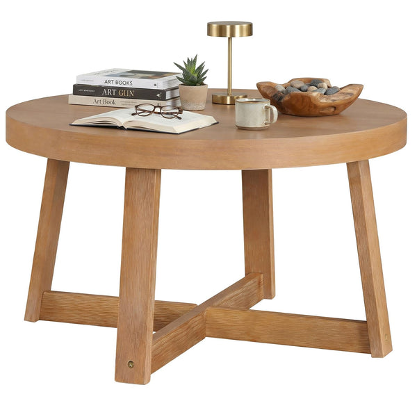 Round Wood Coffee Table 30 Inch – Pine Frame, Natural Finish