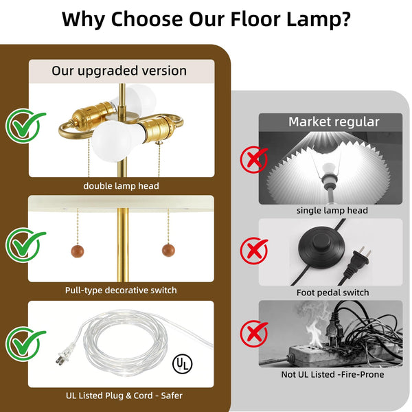 Rustic Wooden Floor Lamp with Linen Shade & Dual Pull Chain