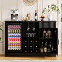 Coffee Bar Cabinet with Mini Fridge, Wine Rack & Glass Holder – Fluted Black