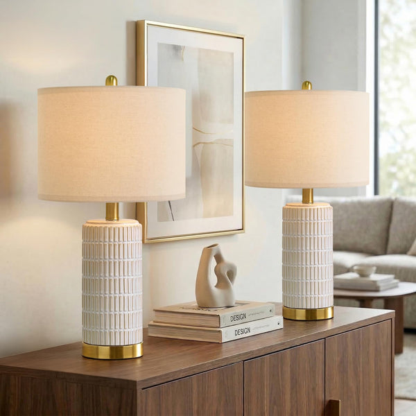 Ceramic Bedside Table Lamps Set of 2 – Modern Nightstand Lamps with Gold Base