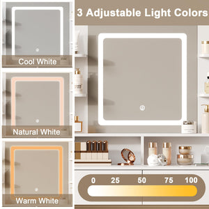 Lighted Vanity with Mirror, Stool & Storage