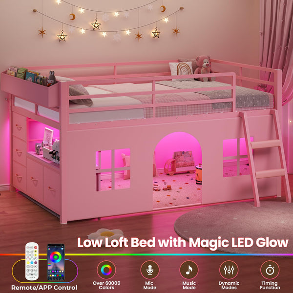 Kids Twin Low Loft Bed with Tent, Drawers & LED Lights