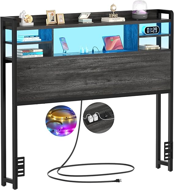 Storage Headboard with LED Light, Power Outlets & USB Ports