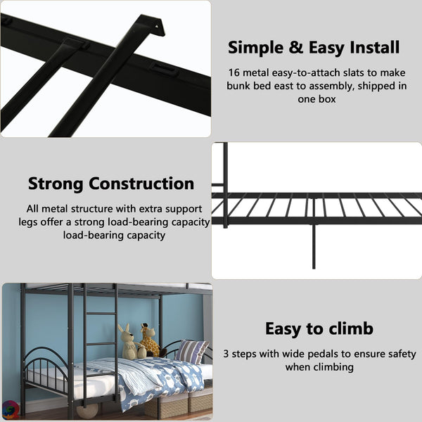 Twin Over Twin Metal Bunk Bed – 2-in-1 Convertible with Guardrails