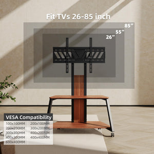 Heavy Duty Mobile TV Stand Rolling TV Cart with Wheels for 32-85 Inch Flat/Curved Led/LCD/OLED Portable Floor TV Stand with Wooden Shelves, Height Adjustable Holds up to 220lbs,Max VESA 600 x400mm