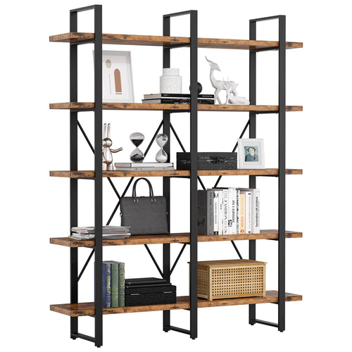 Industrial Double Wide 5-Tier Bookshelf – Wood & Metal